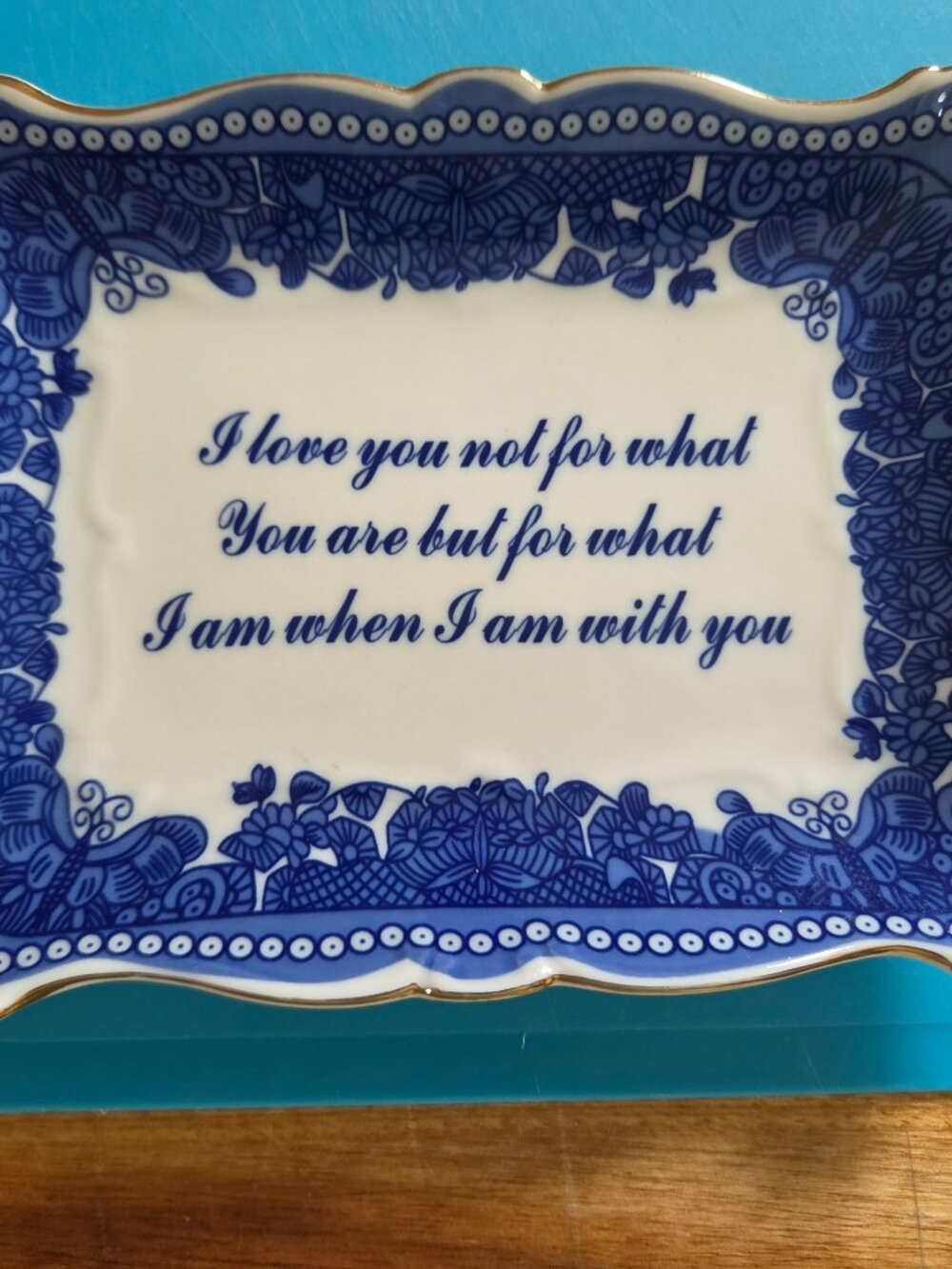 vintage godinger porcelain blue and white beautiful script on dish